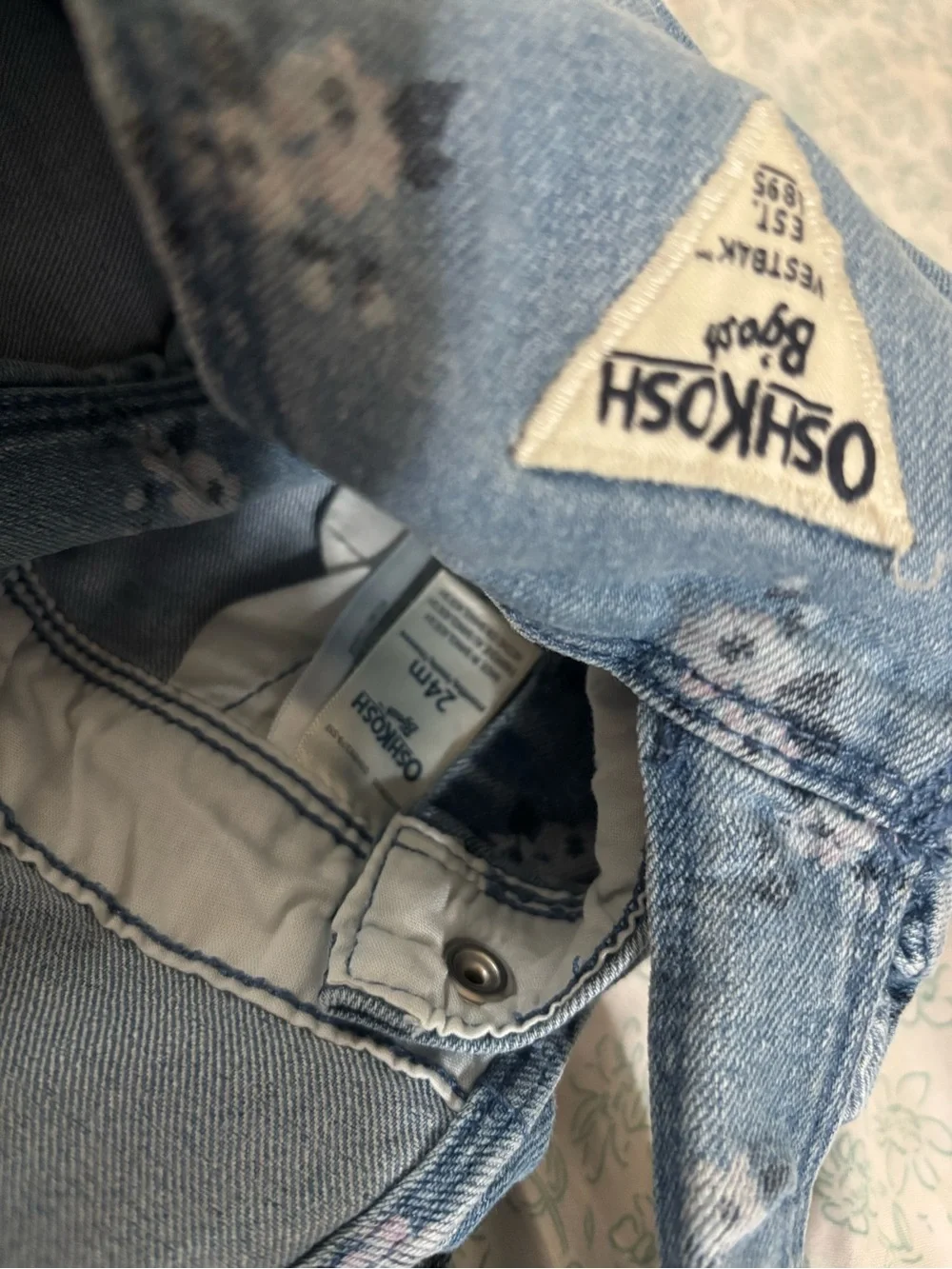 OshKosh B'gosh Light Blue Denim Overalls with Subtle Pink Floral Print